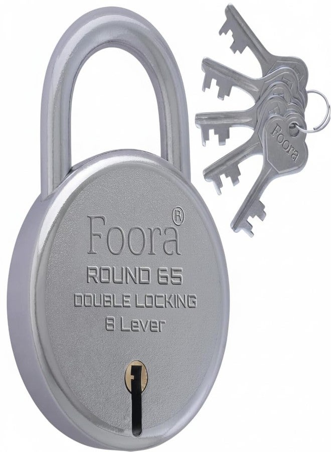 Foora قفل دائري 65 مم للمنزل | طقم قفل ومفاتيح شديد التحمل مع 5 مفاتيح | آلية قفل مزدوجة بـ 8 أذرع | هيكل معدني بطلاء فضي | فورا - Image 1